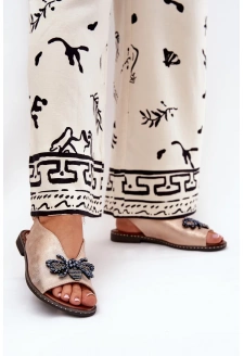 Połyskujące Sandały Damskie Z Ozdobą Płaskie Różowe Złoto Russona