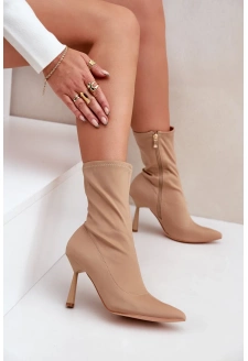 Materiałowe Botki Na Szpilce Ciemnobeżowe Amune