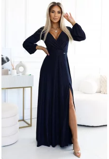 572-1 NELA fényes hosszú ruha dekoltázzsal és hosszú ujjakkal - TENGERÉSZKÉK