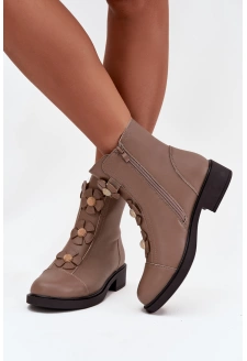 Skórzane Botki Damskie Z Ozdobnymi Kwiatkami Ocieplane Beżowe Belverine