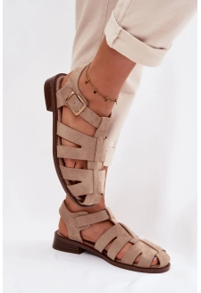 Sandały Damskie Rzymianki Ze Złotą Klamrą Beżowe Janessa