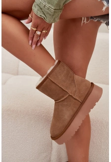 Śniegowce Damskie Z Naturalnego Zamszu Na Platformie Camel Privine