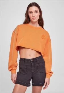 Ladies Cropped Flower Embroidery Terry Crewneck vintageorange