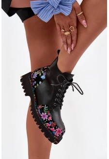 Skórzane Botki Damskie Z Kwiatkami Ocieplane Artiker 57C0180 Czarne