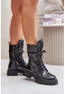 Lakierowane Ocieplane Botki Workery Z Ozdobą Czarne Kelilea