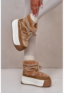 Skórzane Śniegowce Damskie Na Grubej Podeszwie Z Futerkiem Big Star OO274A207 Brązowe Skórzane Śniegowce Damskie Na Grubej Podeszwie Z Futerkiem Big Star OO274A207 Brązowe