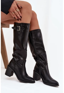 Kozaki Damskie Na Słupku Z Klamrą Czarne Brenira