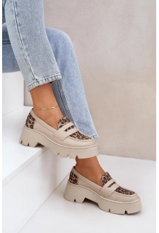 Skórzane Mokasyny Damskie Na Platformie I Płaskim Obcasie Panterka Zazoo 20191 Jasnobeżowe