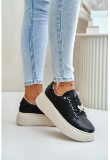 Skórzane Sneakersy Damskie Na Platformie Z Przypinką Vinceza 89101 Czarne