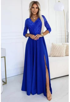 309-12 AMBER elegáns hosszú csipkeruha dekoltázzsal - KÉK színben