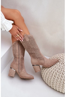 Ażurowe Kozaki Kowbojki Do Połowy Łydki S.Barski HY51-238 Beżowe