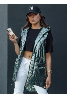 Hosszú, kapucnis, steppelt női mellény JESS zöld Dstreet TY4454