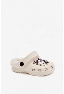 Piankowe Klapki Dziecięce Ocieplane Futerkiem Z Przypinkami Kremowe Cerelle