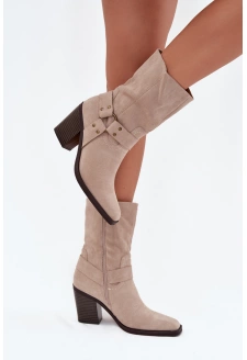 Botki Damskie Ocieplane Na Słupku Z Paskami I Ozdobnym Detalem Beżowe Neria
