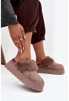 Śniegowce Damskie Na Platformie Z Futerkiem I Haftem Ciemnobeżowe Querina