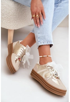 Sneakersy Damskie Na Platformie Z Ozdobami Beżowo-Złote Vinness