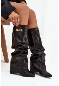 Kozaki Damskie Na Słupku Z Marszczoną Wywiniętą Cholewką Czarne Glorine