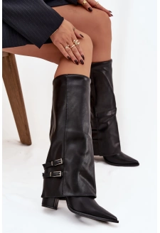 Kozaki Damskie Na Słupku Z Wywiniętą Cholewką I Klamrami Jessae Czarne