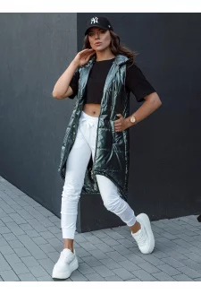 Női steppelt mellény kapucnival, hosszú MERIS sötétzöld Dstreet TY4425