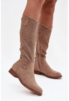 Kozaki Damskie Na Płaskim Obcasie Z Ażurowym Wzorem S.Barski HY52-531 Beżowe