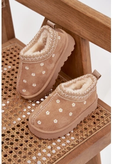 Śniegowce Dziecięce Z Kwiatuszkami Ocieplane Futerkiem Beżowe Palina