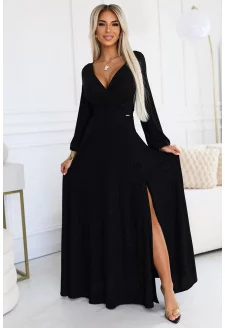 572-2 NELA fényes hosszú ruha dekoltázzsal és hosszú ujjakkal - FEKETE