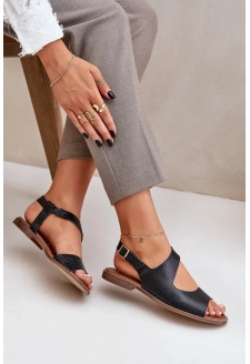 Skórzane Sandały Na Sprzączkę Z Tłoczeniem Lewski 3041 Czarne