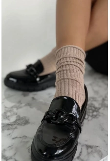 Skarpetki Damskie Bezuciskowe W Prążek z Lurexem Beżowe