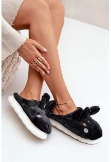 Futrzane Kapcie Z Motywem Króliczka Czarne Natasha