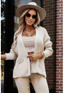 630-1 Ciepły kardigan z kieszeniami i ściągaczami na rękawach - beżowy