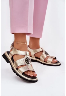 Skórzane Sandały Damskie Lakierowane Z Ozdobnym Detalem Artiker 56C0689 Złote