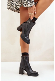 Wężowe Botki Damskie Na Słupku Skóra Naturalna Czarne Vinceza 66670