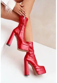 Lakierowane Botki Na Platformie I Wysokim Słupku Czerwone Lotisha