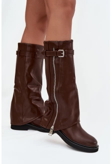 Kozaki Damskie Z Wywiniętą Cholewką Klamrą I Srebrnym Zamkiem Ocieplane Brązowe Bressa