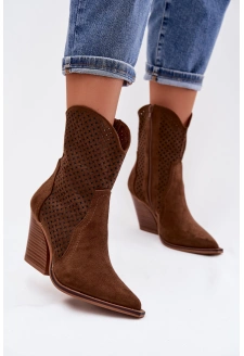 Ażurowe Botki Damskie Na Słupku Brązowe Rivorina