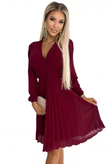 313-15 ISABELLE Hajtogatott ruha hosszú ujjakkal és dekoltázzsal - BORDÓ színben
