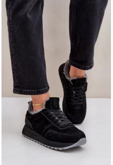 Zamszowe Sneakersy Damskie Z Futerkiem I Błyszczącym Elementem Big Star OO274580 Hi-Poly System Czarne