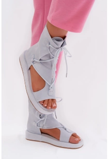 Sandały Damskie Eko Zamszowe Z Cholewką I Wiązaniem Błękitne Ferlisse